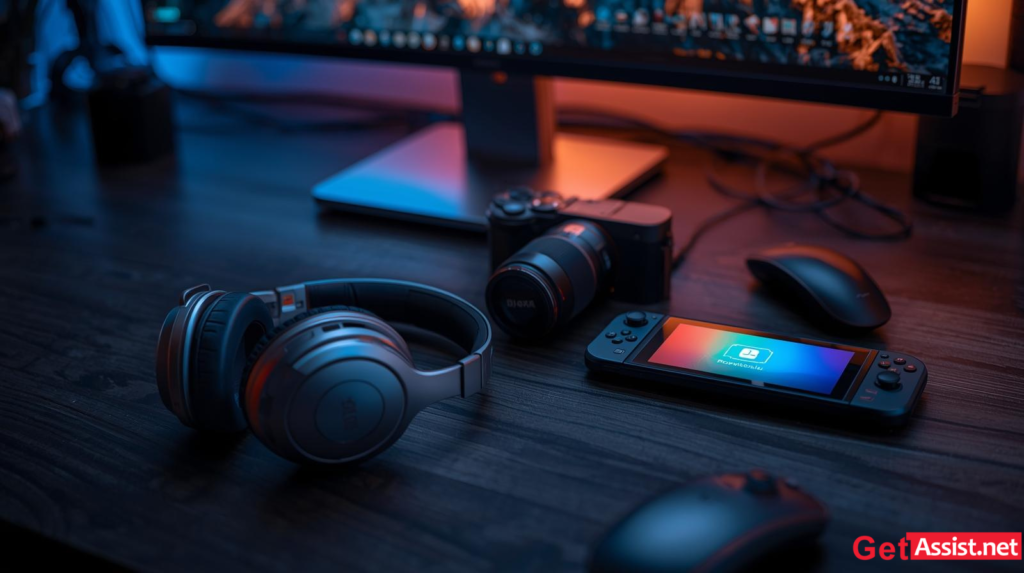 A professional collection of 2026 tech including the Sony WH-1000XM6, a Sony Alpha camera, and a Nintendo Switch.