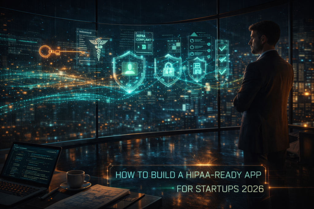 Man in a suit observes holographic icons and HIPAA-related visuals in a dark, futuristic cityscape. Text reads "How to Build a HIPAA-Ready App."