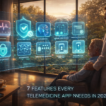 Doctor and patient view holographic telemedicine features in a modern room with a sunset window. Text reads "7 Features Every Telemedicine App Needs in 2026."