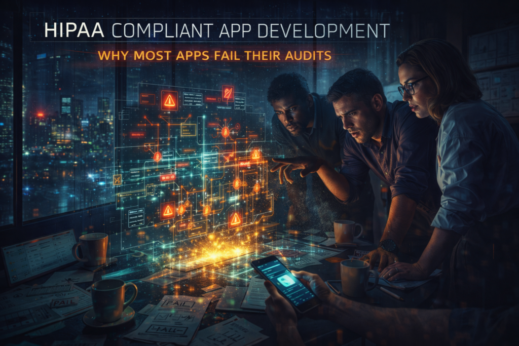 Three people examine a glowing holographic interface in a dim office, focusing intensely. Text reads "HIPAA Compliant App Development."