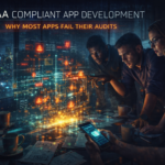 Three people examine a glowing holographic interface in a dim office, focusing intensely. Text reads "HIPAA Compliant App Development."