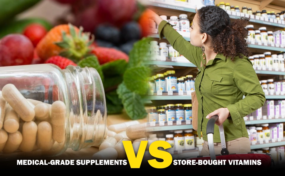 In this image, two different type of supplements are compared. medical grade and store bought supplements are different.