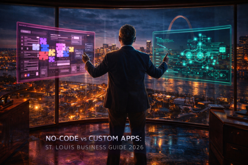 A person in an office interacts with futuristic holograms at night. City skyline visible. Text: NO-CODE vs CUSTOM APPS: ST. LOUIS BUSINESS GUIDE 2026.