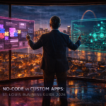 A person in an office interacts with futuristic holograms at night. City skyline visible. Text: NO-CODE vs CUSTOM APPS: ST. LOUIS BUSINESS GUIDE 2026.