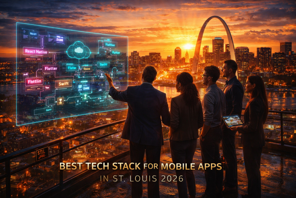Five people view a digital tech display at sunset in St. Louis. Text: "Best Tech Stack for Mobile Apps in St. Louis 2026."