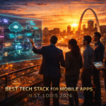 Five people view a digital tech display at sunset in St. Louis. Text: "Best Tech Stack for Mobile Apps in St. Louis 2026."