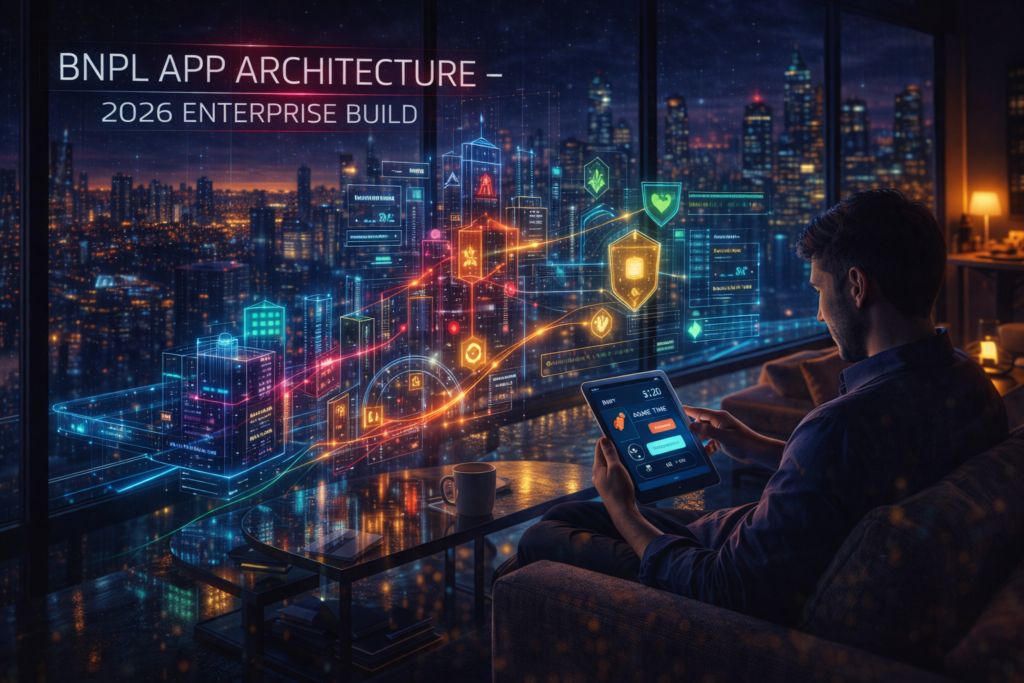 Man using a tablet displays digital app interface, set in a cozy room overlooking a futuristic cityscape. Text: BNPL APP ARCHITECTURE 2026.