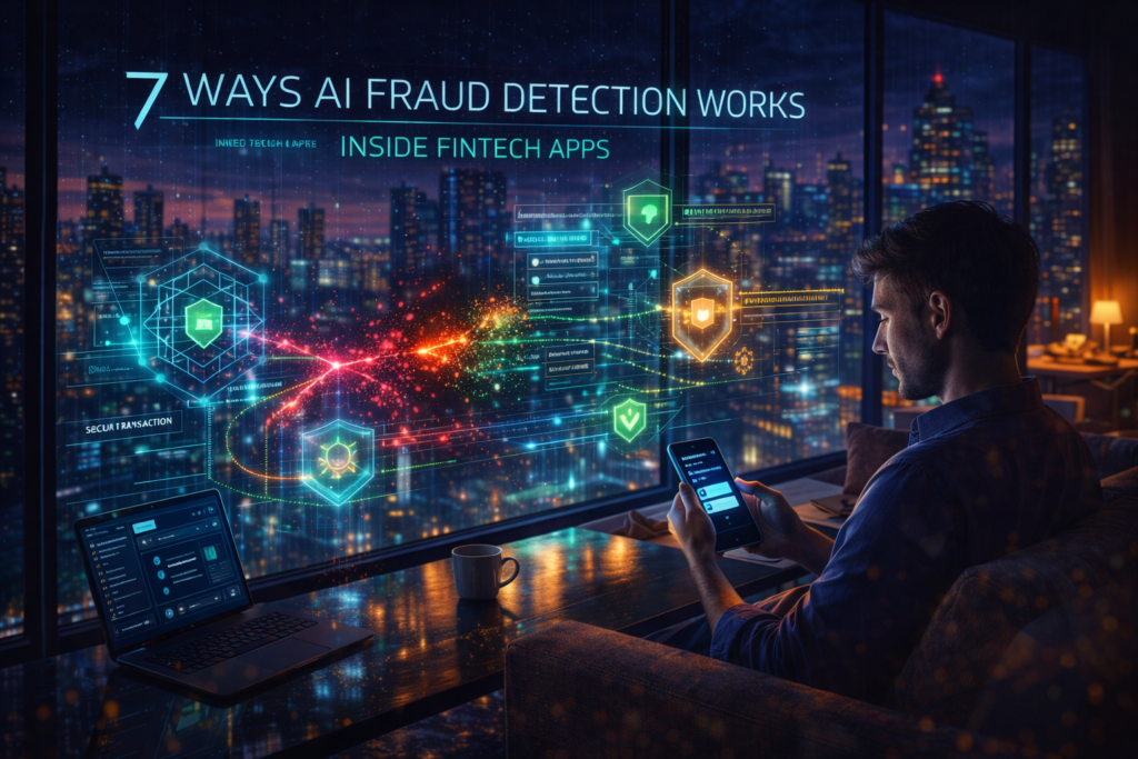Man using a tablet in a dim room with city view. Holographic AI tech graphics displaying "7 Ways AI Fraud Detection Works."