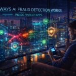 Man using a tablet in a dim room with city view. Holographic AI tech graphics displaying "7 Ways AI Fraud Detection Works."