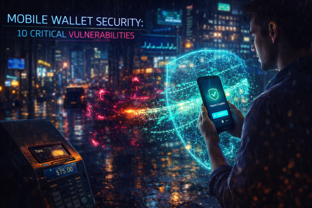 Man with smartphone showing "Payment Complete" in rainy city. Neon shield and transaction device with "$75.00" display, text on top.