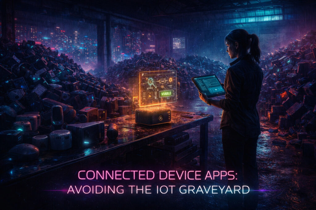 A person analyzes a glowing holographic display in a dark warehouse filled with electronic waste. Text: "Connected Device Apps: Avoiding the IoT Graveyard."