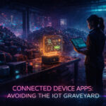 A person analyzes a glowing holographic display in a dark warehouse filled with electronic waste. Text: "Connected Device Apps: Avoiding the IoT Graveyard."