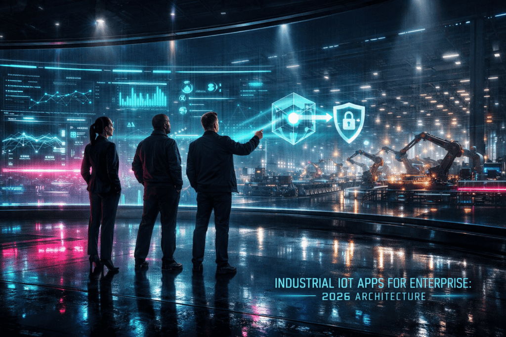 Three people analyze futuristic data displays in an industrial setting with robotic arms and neon blue and pink lighting. Text: "Industrial IoT Apps for Enterprise: 2026 Architecture."