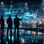 Three people analyze futuristic data displays in an industrial setting with robotic arms and neon blue and pink lighting. Text: "Industrial IoT Apps for Enterprise: 2026 Architecture."