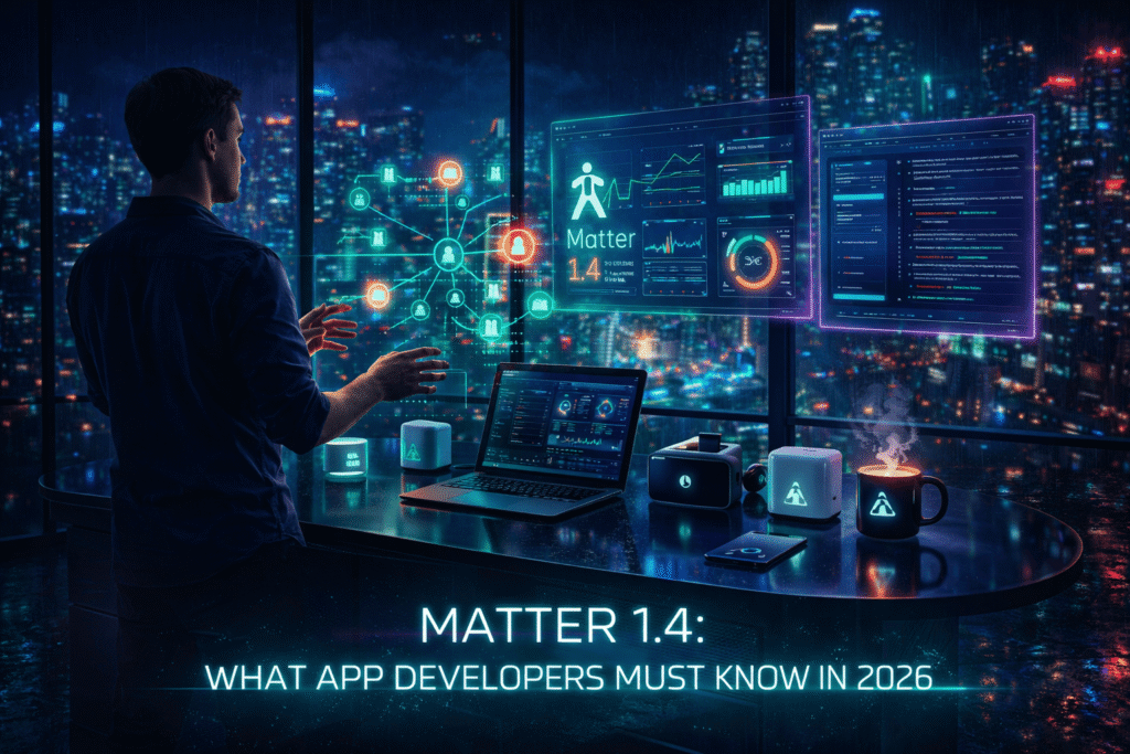 A person interacts with holographic screens in a tech-filled room. Neon lights reflect on the cityscape. Text reads: Matter 1.4 for 2026.