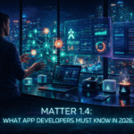 A person interacts with holographic screens in a tech-filled room. Neon lights reflect on the cityscape. Text reads: Matter 1.4 for 2026.