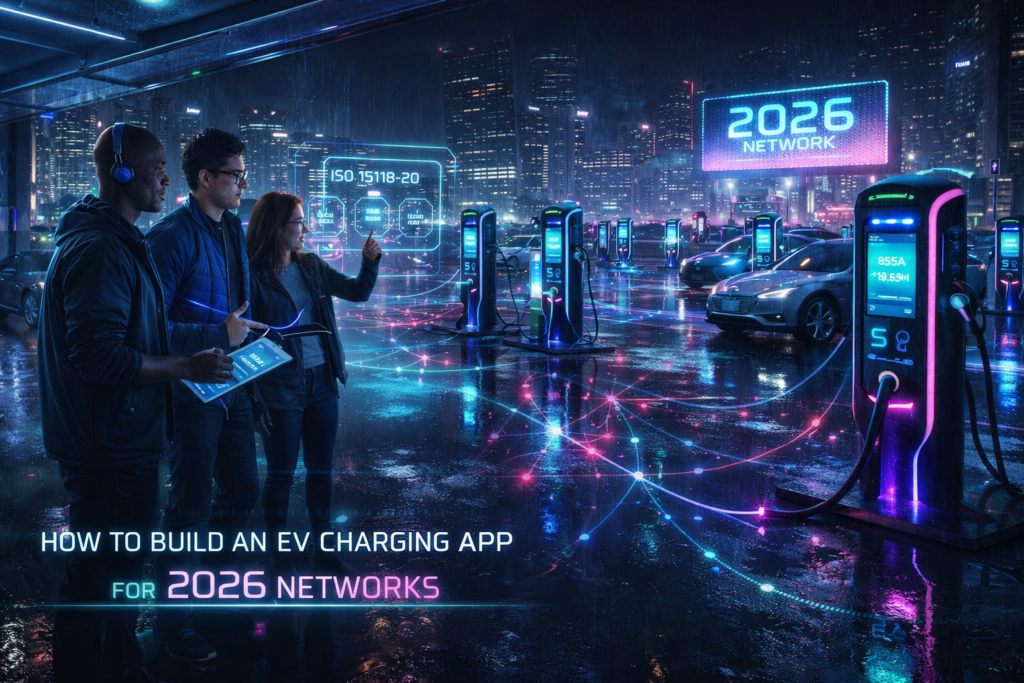 People analyze digital screens near EV charging stations in a futuristic, rainy cityscape. Neon lights reflect on wet pavement, with text "2026 Network."