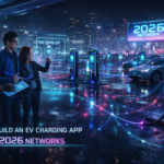 People analyze digital screens near EV charging stations in a futuristic, rainy cityscape. Neon lights reflect on wet pavement, with text "2026 Network."